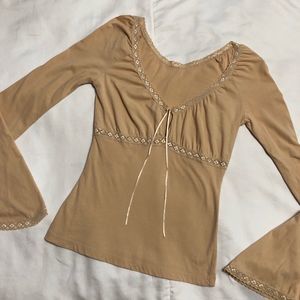 Womens Blouse Beige Scoop V-Neck Long Sleeve Size Small